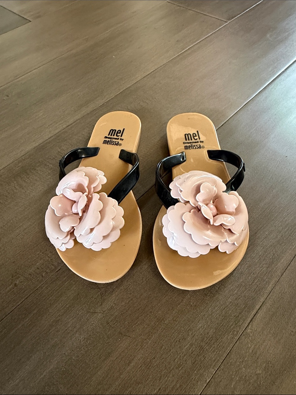 Mel by Melissa Black Jelly Slide Sandals with Pink Floral Applique